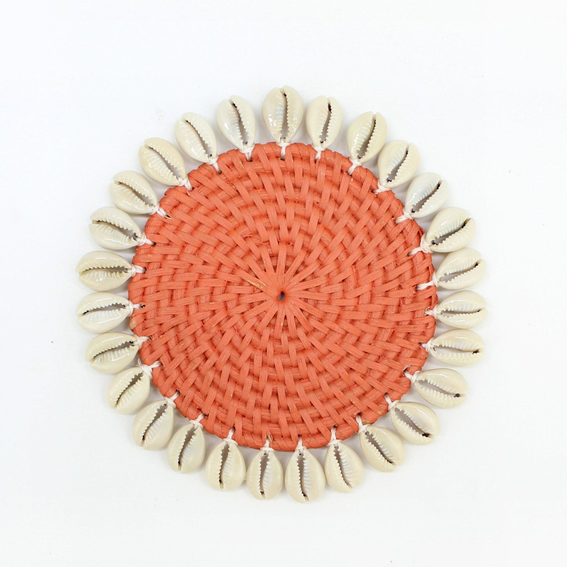orange seashell-trimmed rattan coasters with holder, eco-friendly and handmade