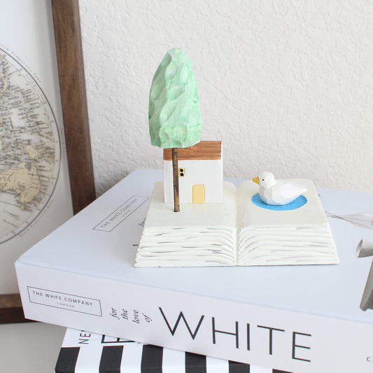 Handcrafted Miniature Book Set - House, Tree, and Bird Sculpture