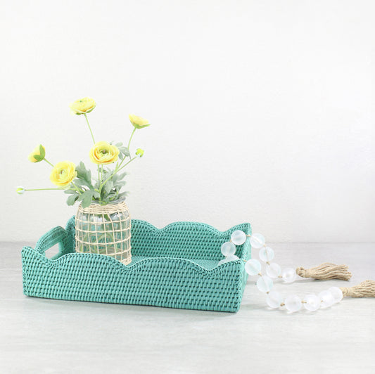 Scalloped Rectangle Rattan Tray with Handles-Sea Glass