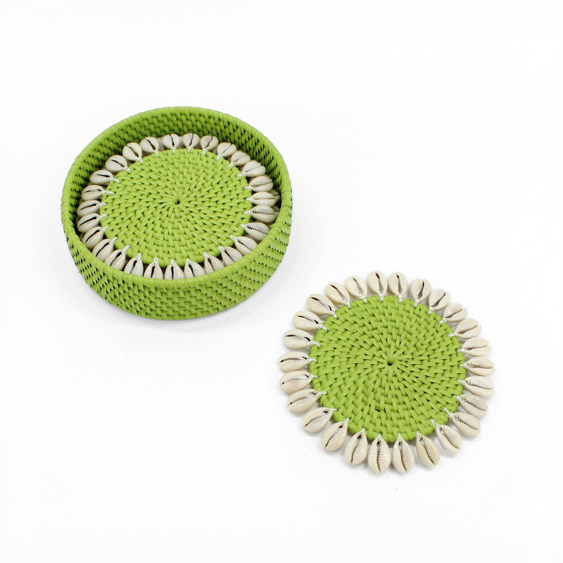 Set of lime green rattan coasters with natural seashell trim and matching holder, artisan handmade eco-friendly tableware