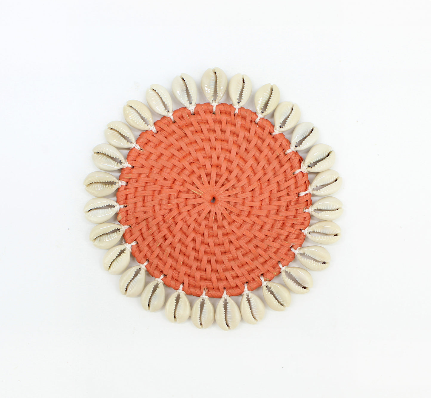 Handcrafted Seashell-Trimmed Rattan Coasters – Set of 4-Orange