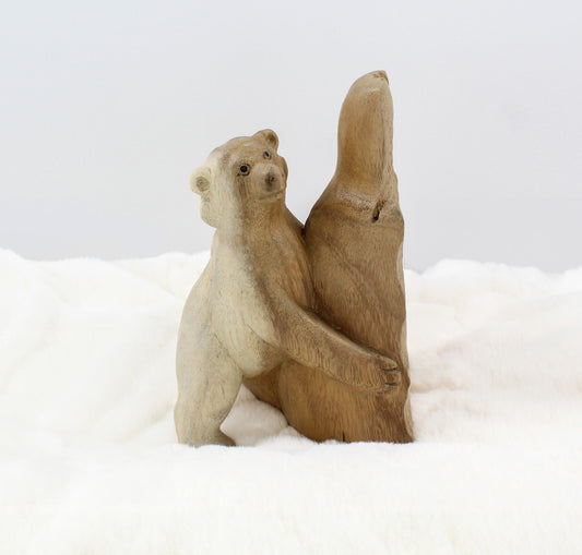 Eco-Conscious Arctic Polar Bear Wood Sculpture – Climate Advocacy