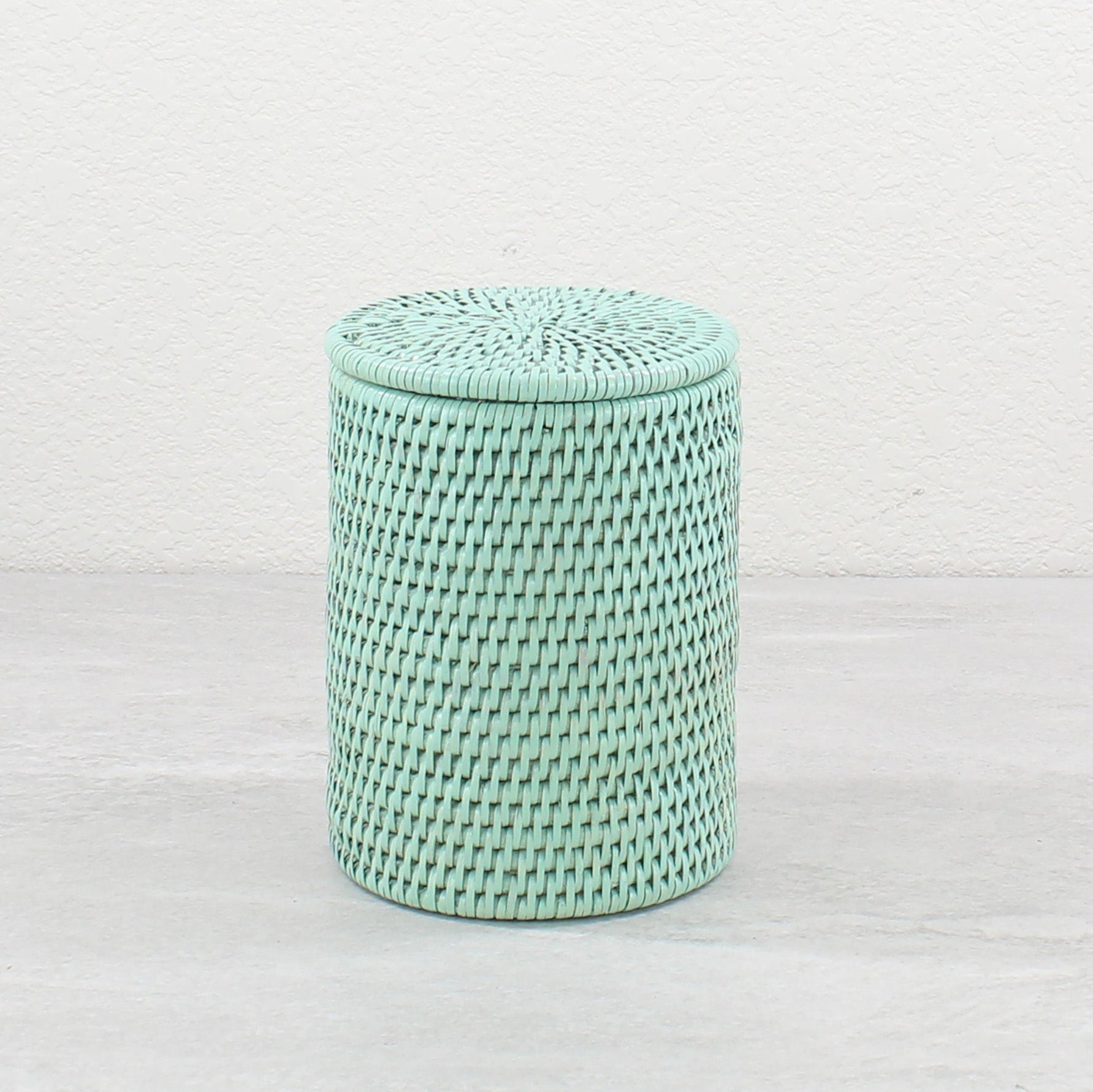 Eco Handcraft handmade rattan canister in sage green – eco-friendly bathroom storage with lid, coastal boho style
