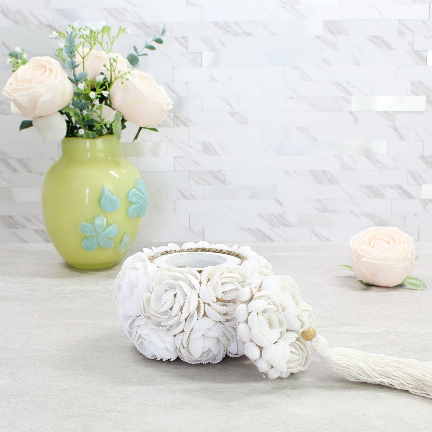 Medium seashell rose jewelry and keepsake box with open lid and tassel, handmade from white seashells for sustainable coastal home décor.