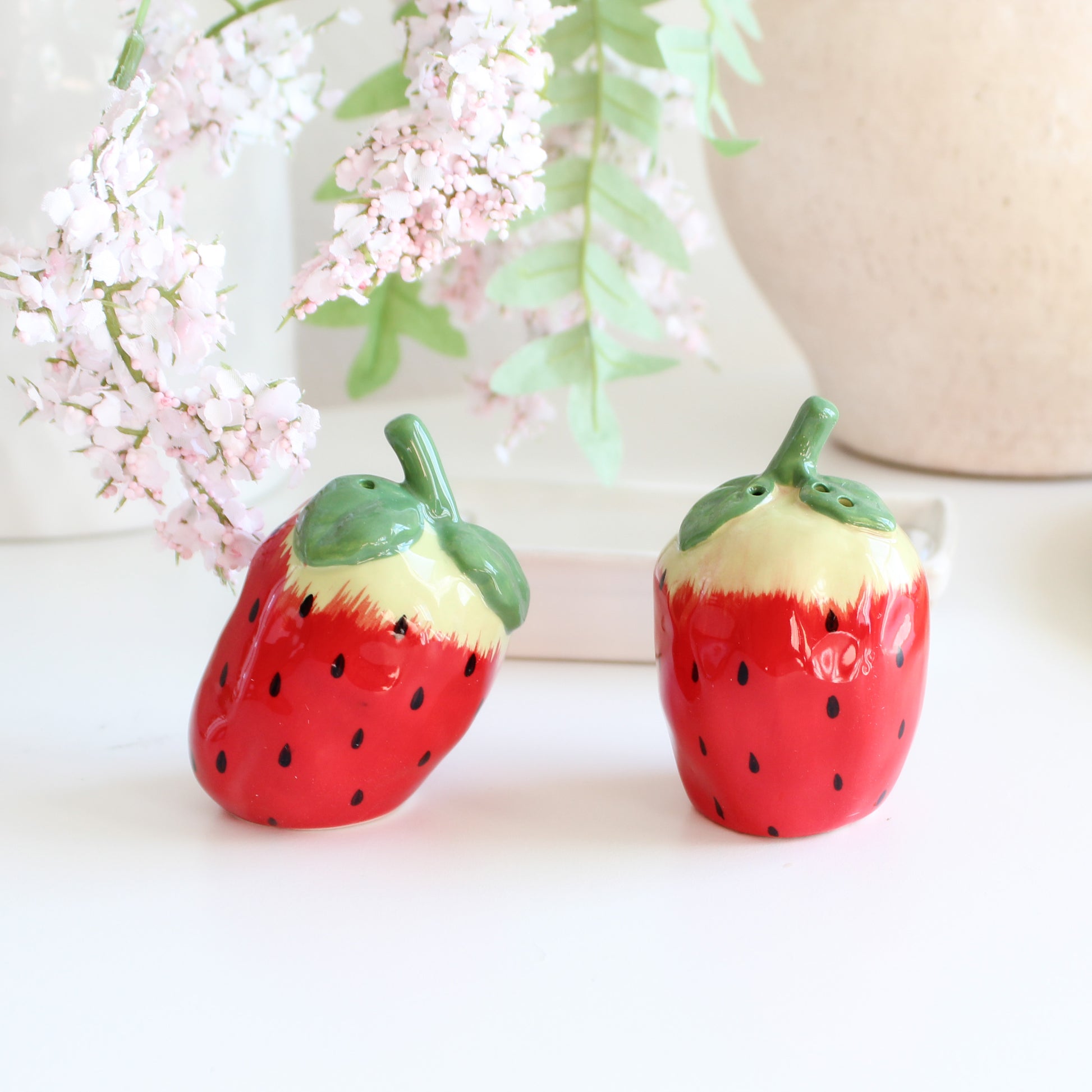 Handpainted strawberry salt and pepper shakers set of 2 with tray, whimsical cottagecore kitchen accessories
