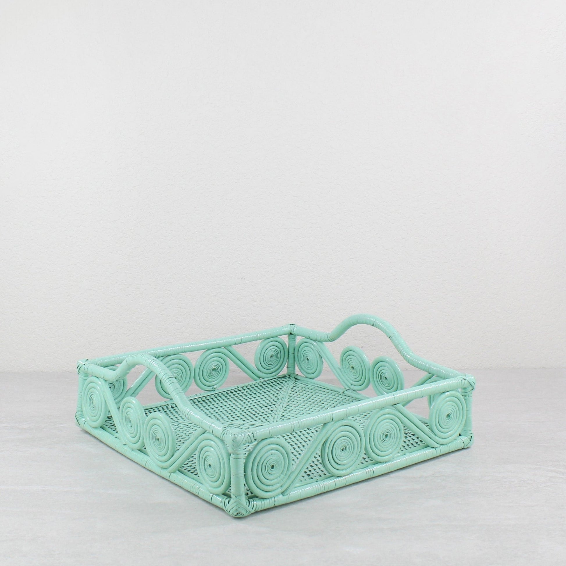 Eco Handcraft sage green swirly rattan tray – handmade, artisan-crafted storage or display tray for elegant home decor