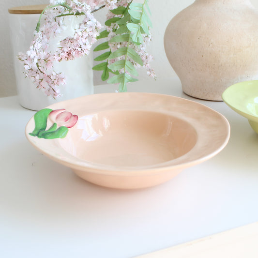 Handpainted tulip stoneware pasta bowl in blush peach glaze, embossed floral ceramic kitchenware