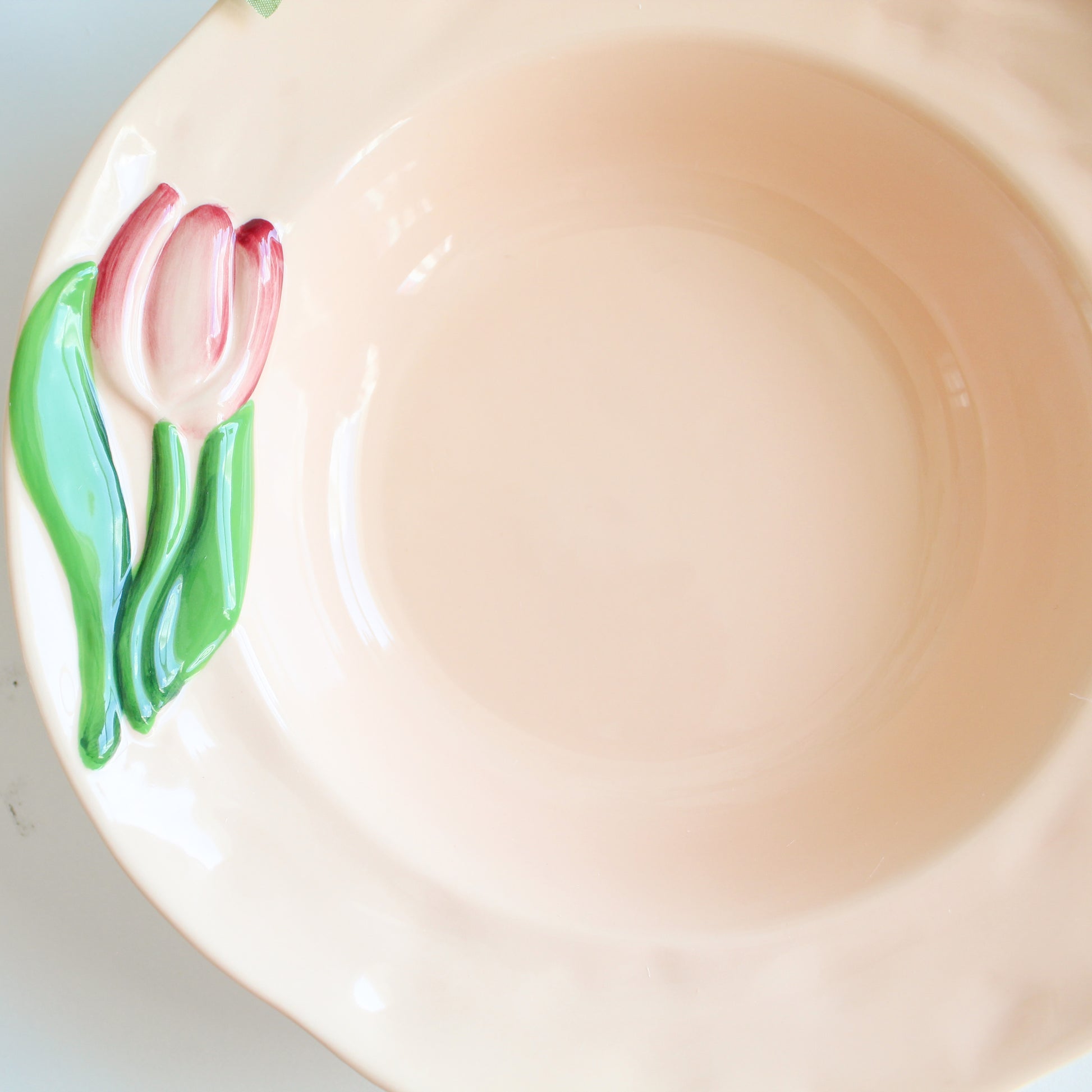 Peach blush tulip stoneware pasta bowl styled with flowers, artisan handpainted ceramic bowl
