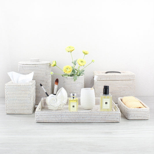 Eco Handcraft whitewash rattan bathroom set – handmade, eco-friendly, elegant spa-style storage and countertop decor