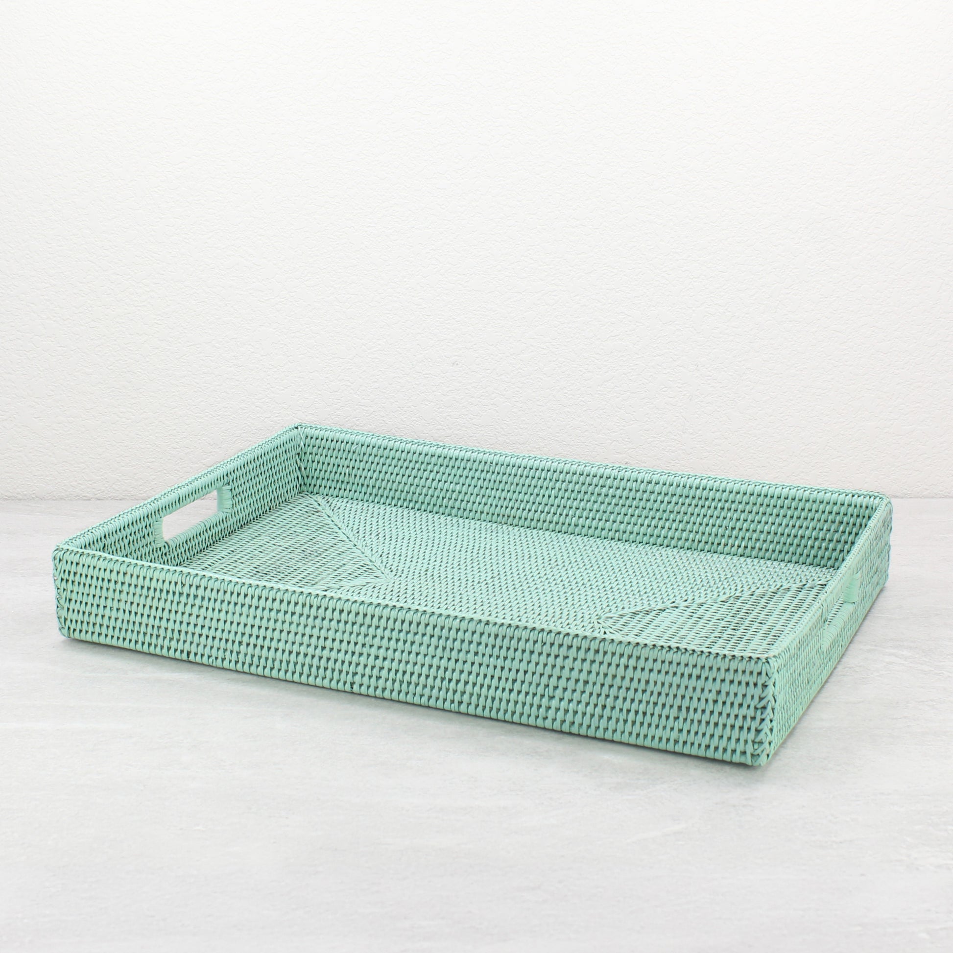Extra large sage leaf rectangular rattan tray with handles, handwoven for sustainable home organizing and modern table styling
