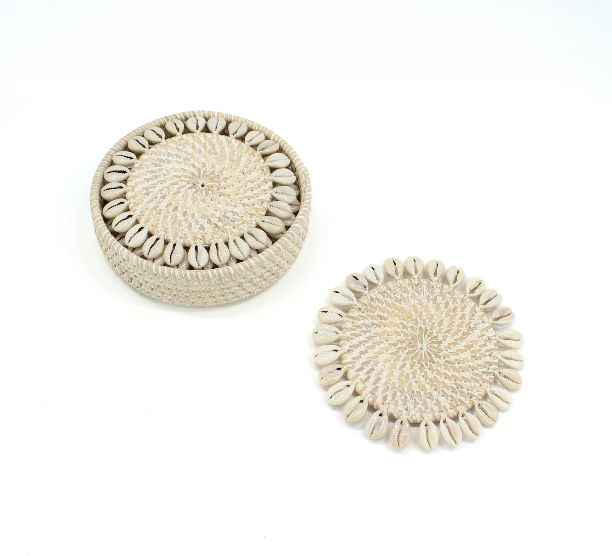 Whitewash rattan seashell coasters set of four with matching holder, handcrafted for sustainable and coastal-inspired dining décor