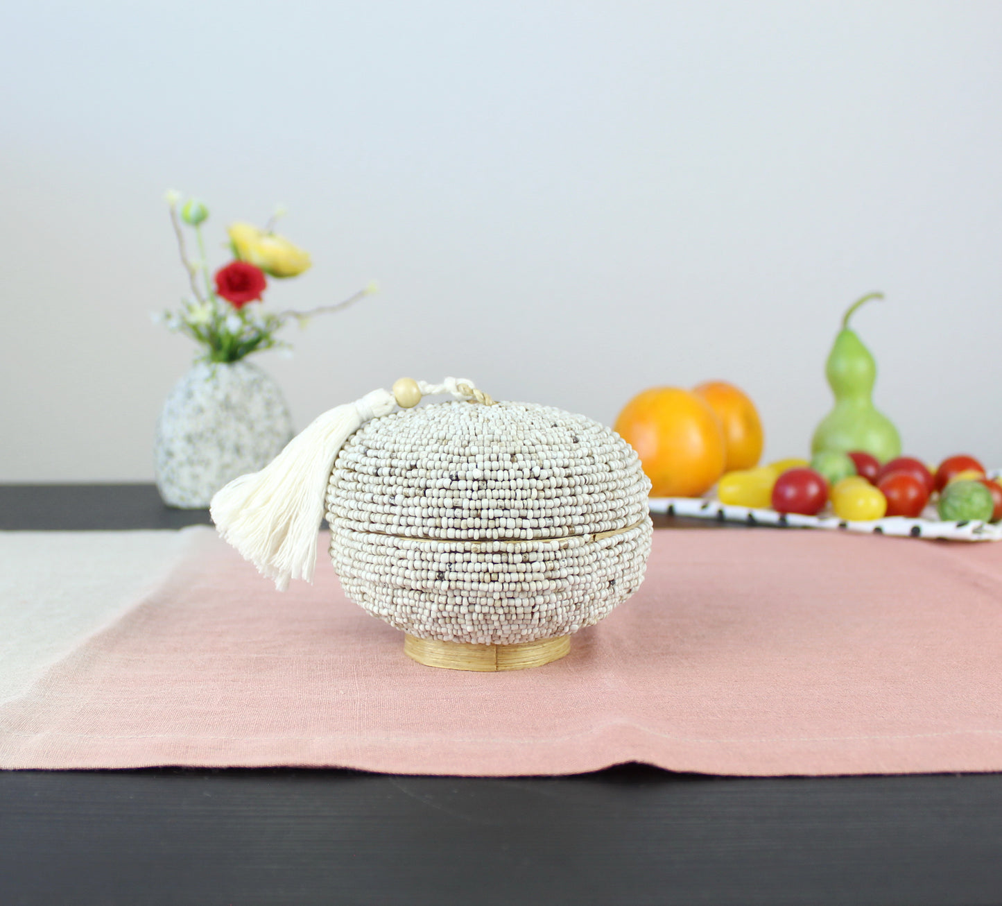 Round Cream Beaded Tassel Box - Eco Handcraft store