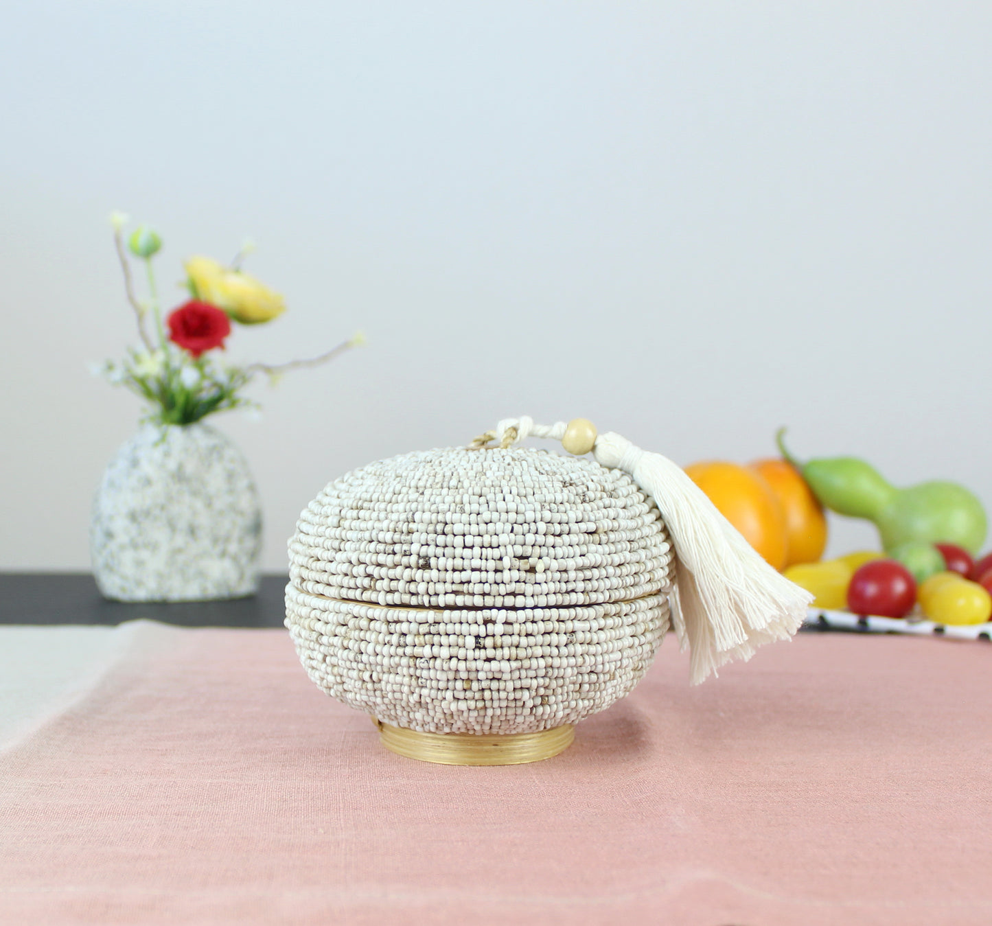 Round Cream Beaded Tassel Box - Eco Handcraft store