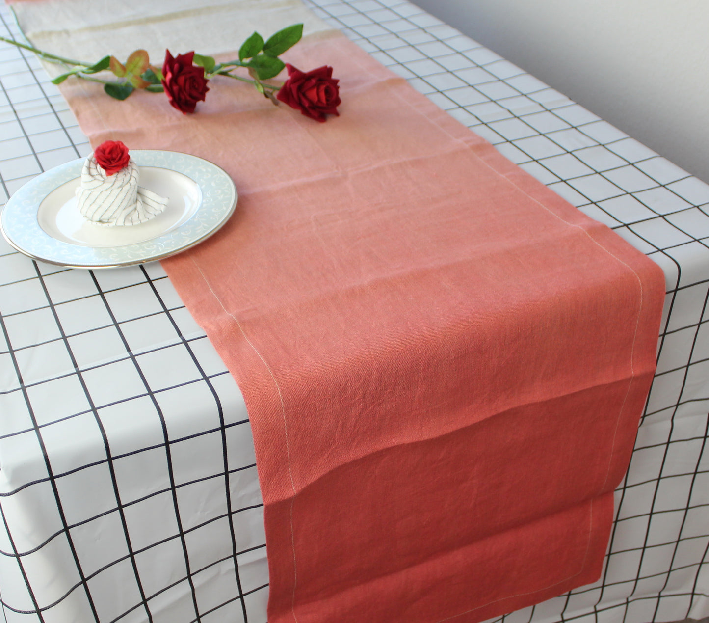 Dip-Dye Rust Brown Linen Table Runner 90"