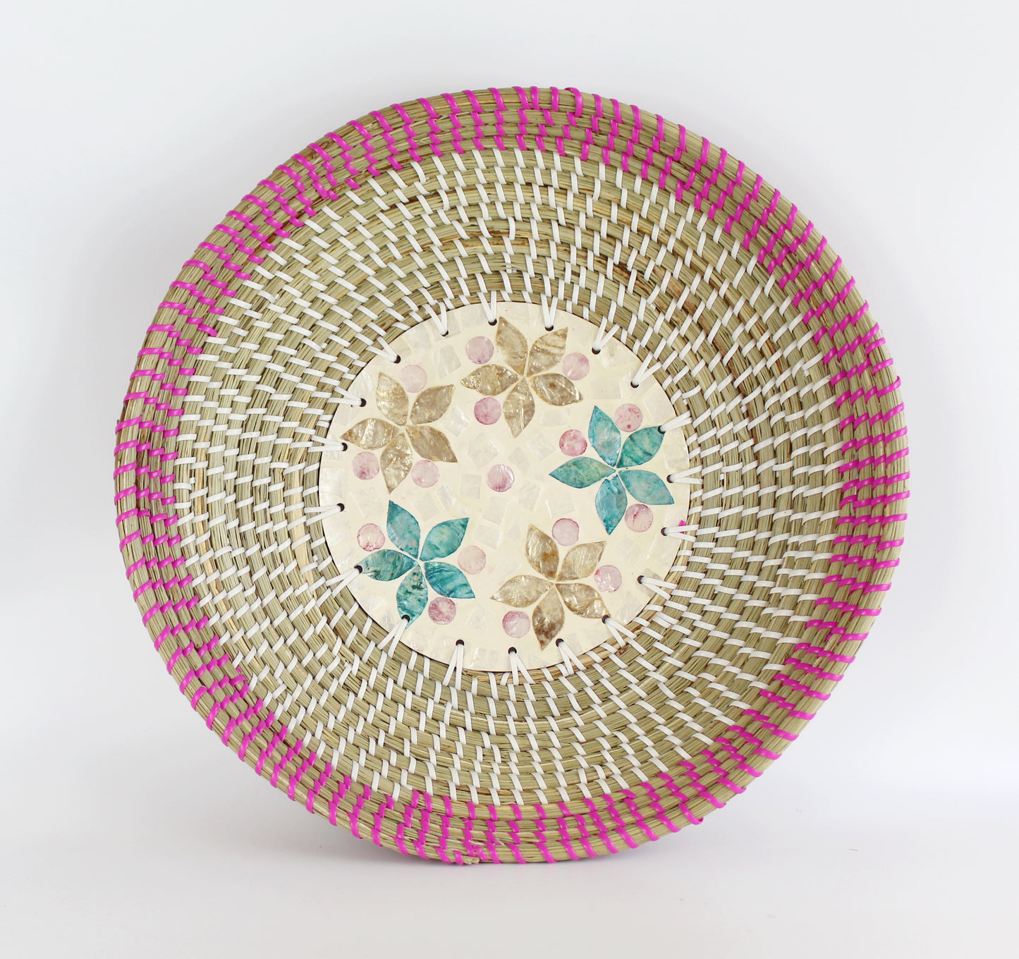 Natural Seagrass Woven Mother of Pearl Round Tray - Eco Handcraft store